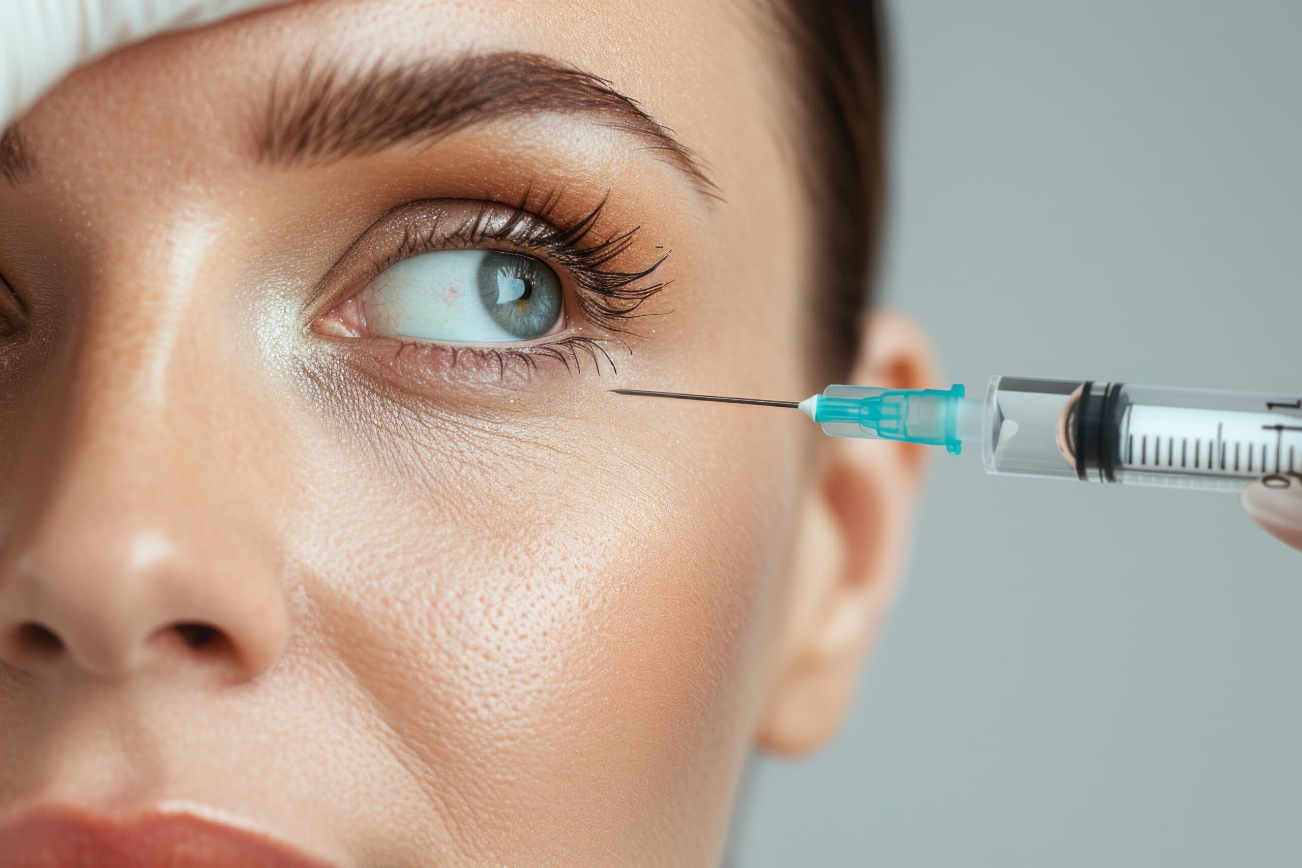 Close-up of a woman receiving Lumi Eyes injectable treatment under the eye area to reduce dark circles and fine lines.
