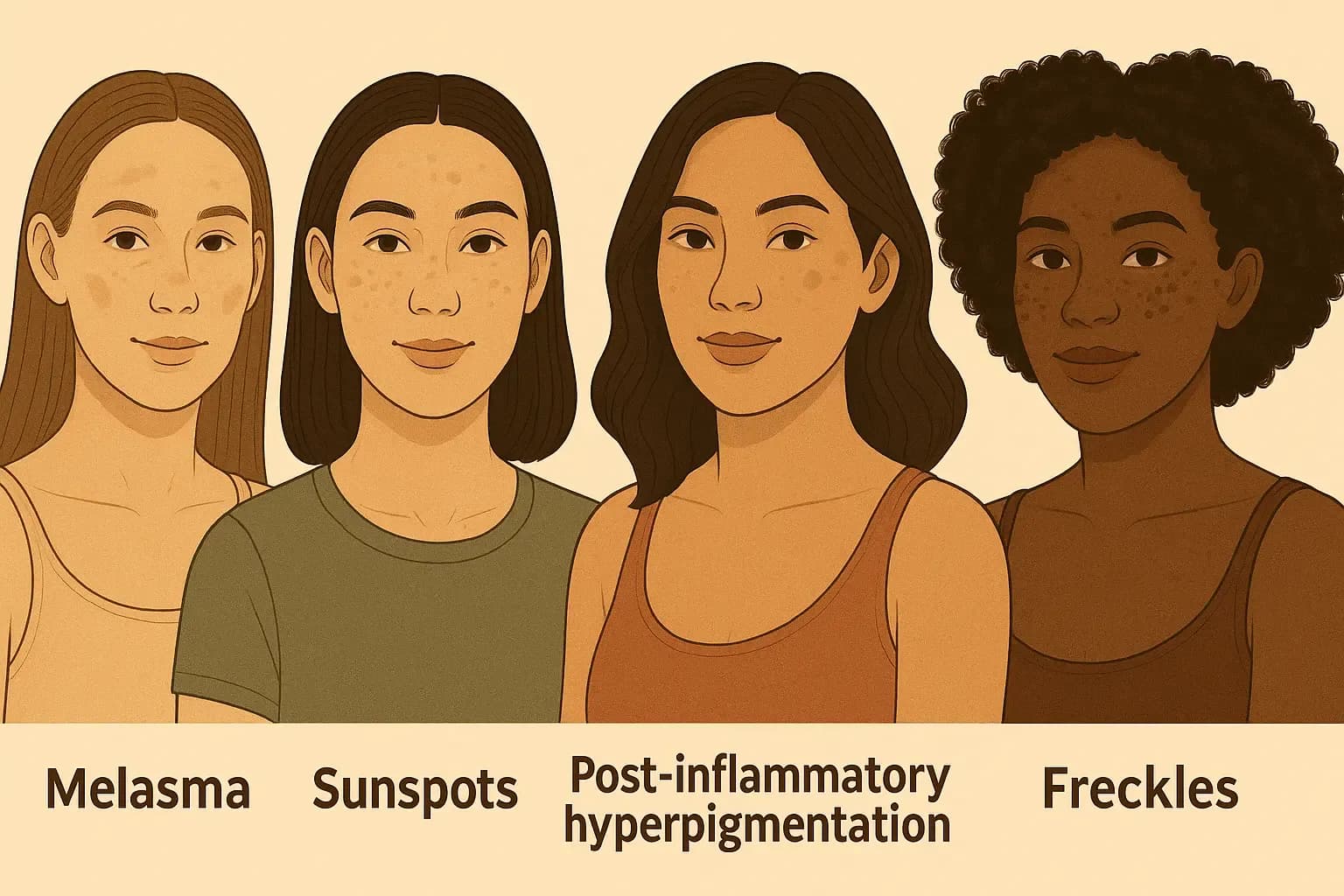 Illustration of four diverse women with different types of hyperpigmentation, including melasma, sunspots, post-inflammatory hyperpigmentation, and freckles, promoting hyperpigmentation treatment options.