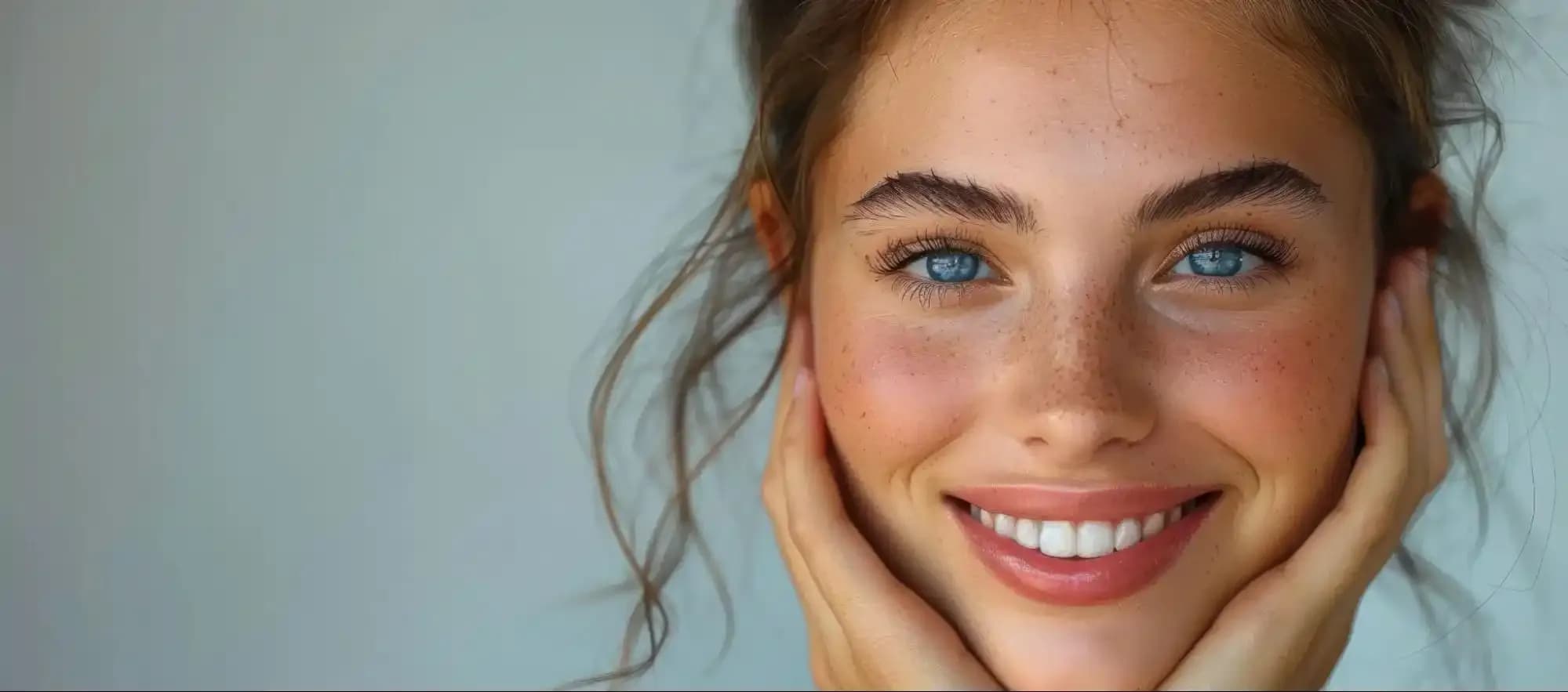 Close-up of smiling young woman with clear skin after Morpheus8 RF Microneedling treatment.